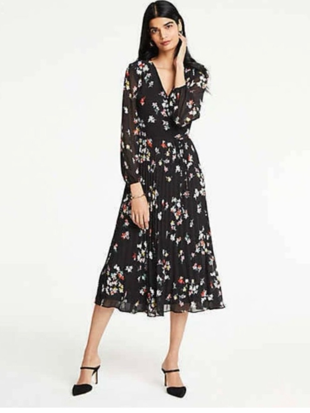 Ann Taylor Petite Meadow Floral Pleated Wrap Dress In Black